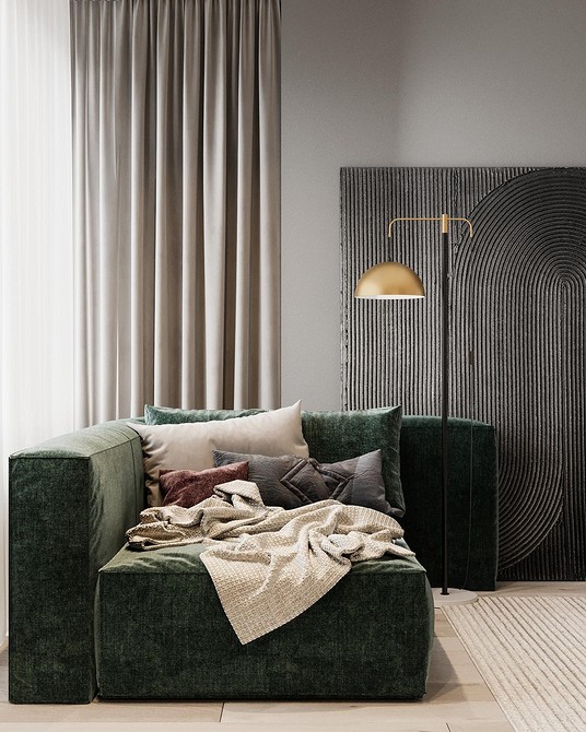Akcent koloru: zieleń Stylowy salon z zieloną kanapą jako akcent kolorystyczny. Inspiracja 2026.