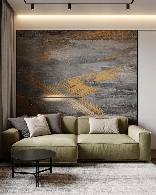 Jasny salon z narożną zieloną sofą i panoramicznymi oknami w stylu skandynawskim.