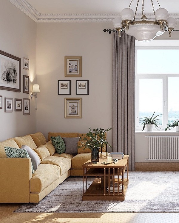 Żółta sofa w minimalistycznym salonie z szarymi ścianami - akcent kolorystyczny