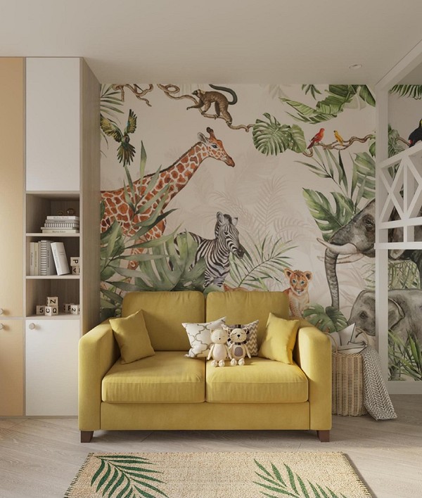 Kuchnia z żółtą sofą, stołem jadalnym i dużymi oknami. Aranżacja 2026.