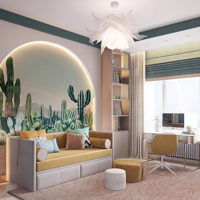 Żółta sofa z kolorowymi poduszkami w salonie. Energetyczny design wnętrza 2026.