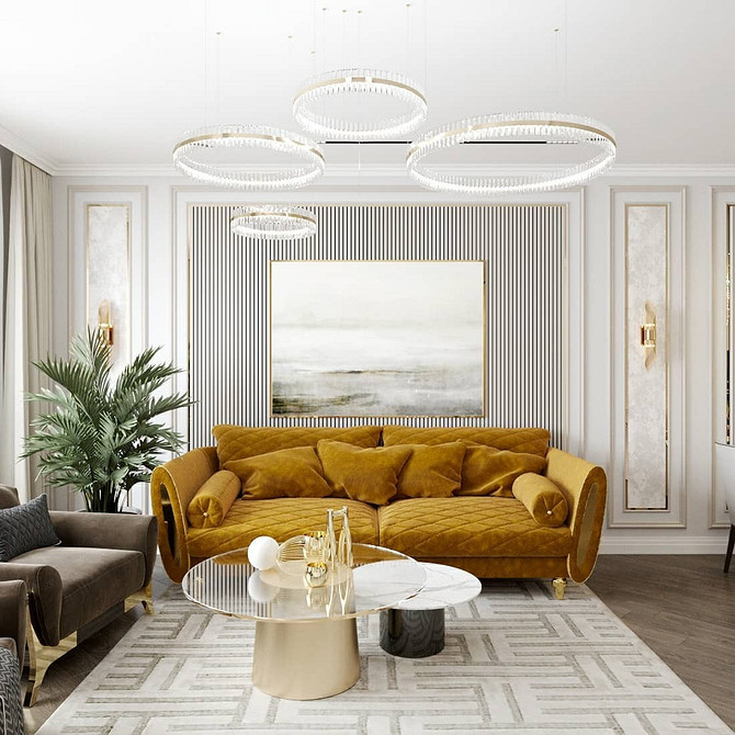 Elegancka żółta sofa w salonie z dywanem i poduszkami dekoracyjnymi - aranżacja 2026