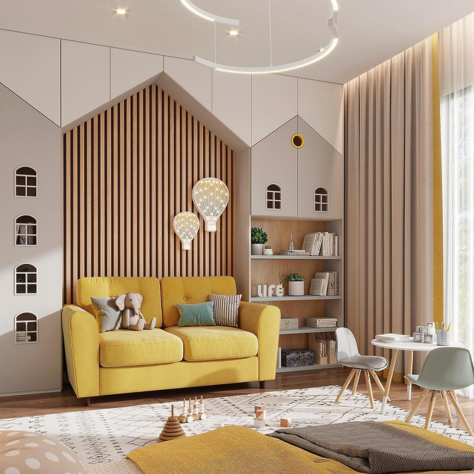 Salon z żółtą sofą, półkami na książki i roślinami dekoracyjnymi. Styl nowoczesny 2026.