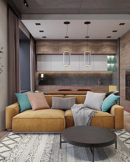 Żółta sofa narożna w nowoczesnej kuchni z białymi szafkami - styl 2026