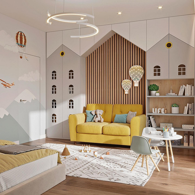 Żółta sofa narożna w przestronnym salonie w nowoczesnym stylu. Inspiracje 2026.