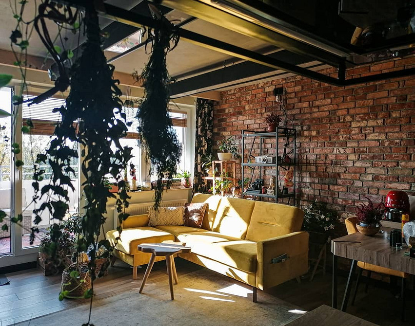 Żółta sofa z tkaniny w jasnym wnętrzu z roślinami - naturalne światło