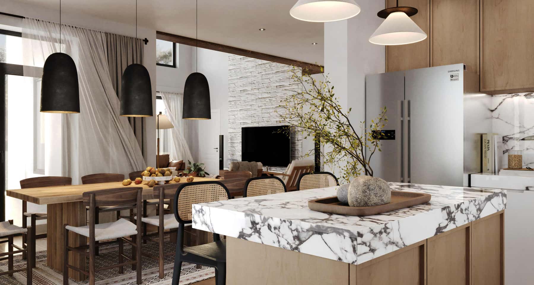 Minimalistyczny salon z kominkiem Minimalistyczny, nowoczesny salon z panoramicznymi oknami i designerskim kominkiem, tworzący strefę relaksu.