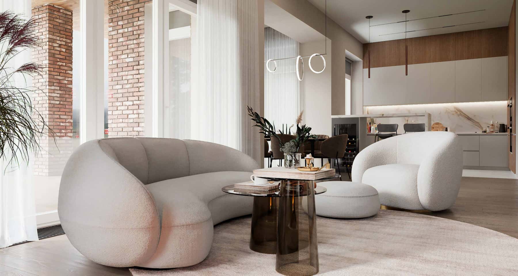 Minimalistyczny salon z oknem Minimalistyczny salon z panoramicznym oknem i nowoczesnym kominkiem, podkreślający przestrzenność.