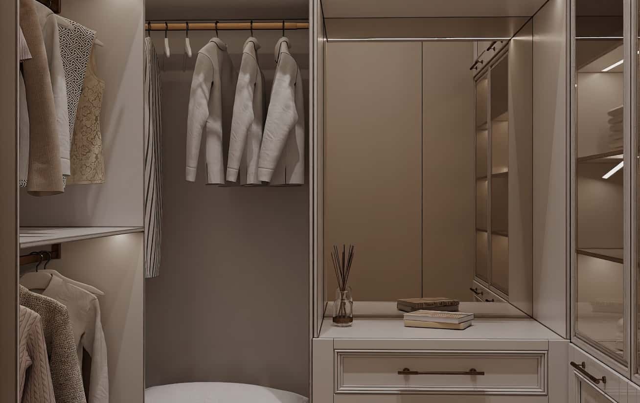 Apartament premium - neoklasyka Elegancki design apartamentu premium w stylu neoklasycznym, z dominacją jasnych barw.