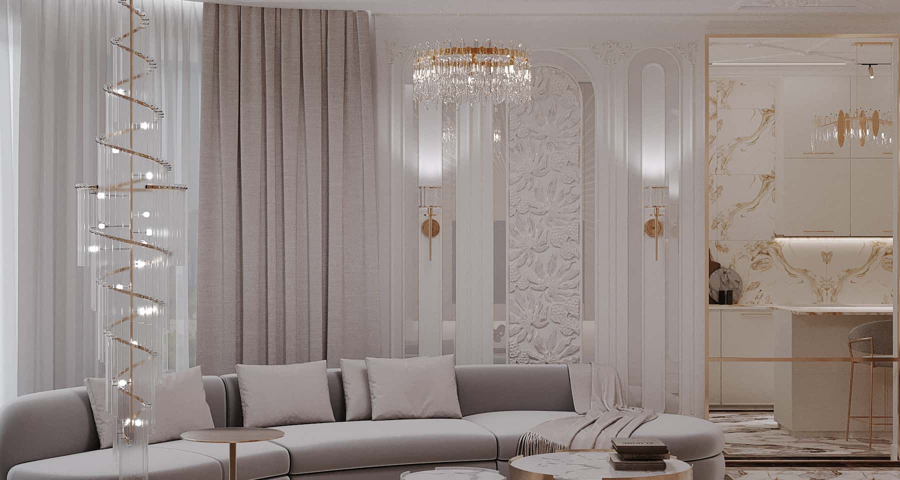 Ekskluzywny salon Nowoczesny salon z designerskimi meblami i złotymi panelami dekoracyjnymi, odzwierciedlający harmonijny styl życia.