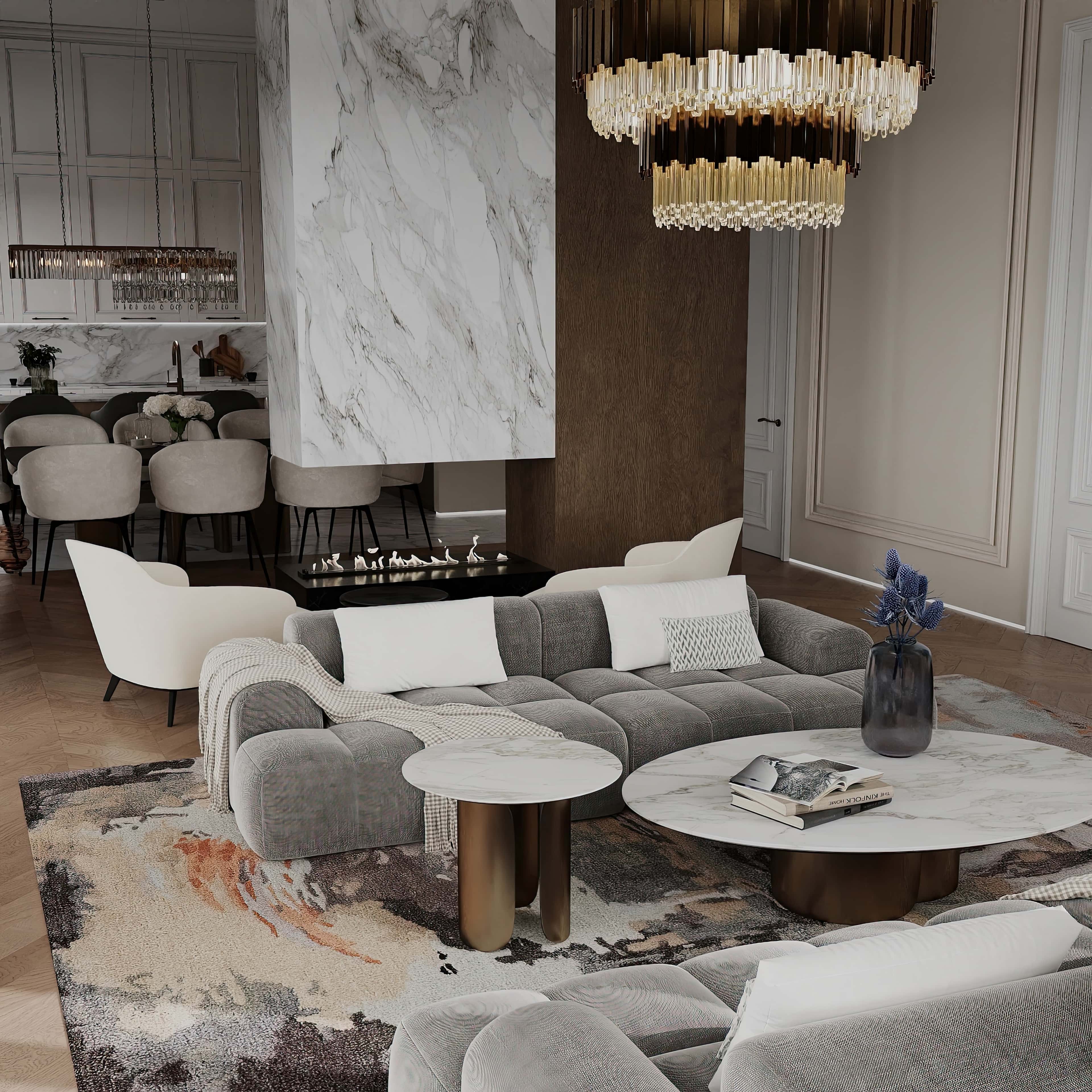 Jasna kuchnia z różnymi teksturami i materiałami tworzącymi ciekawy design.