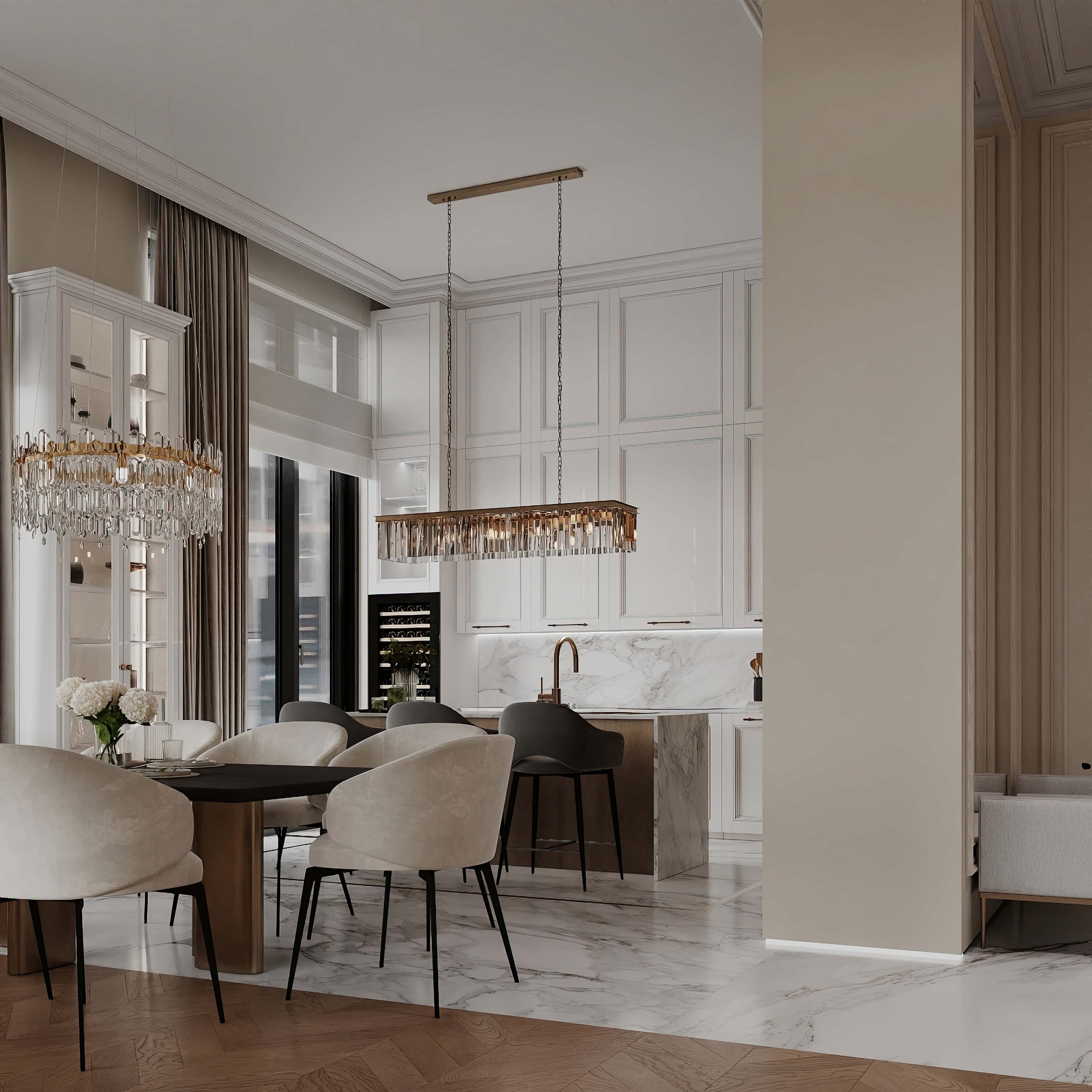 Jasna kuchnia z metalowymi elementami i nowoczesnym oświetleniem.