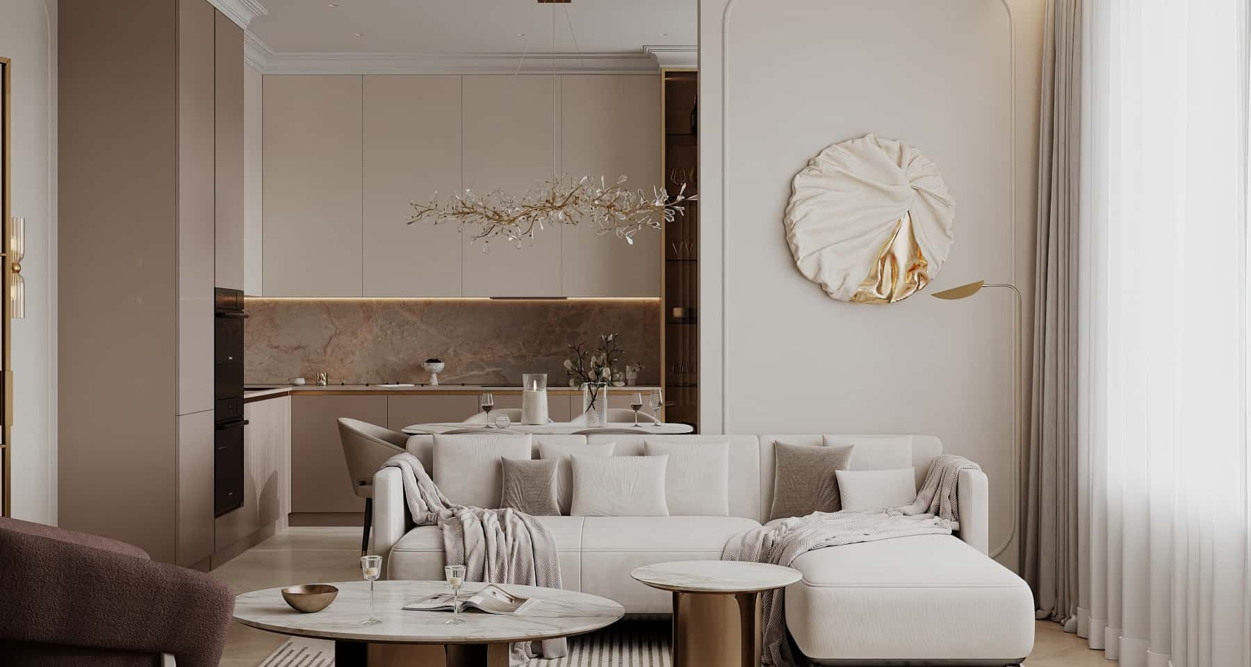 Jasna kuchnia w pastelowych tonach z naturalnymi materiałami i drewnianymi akcentami.