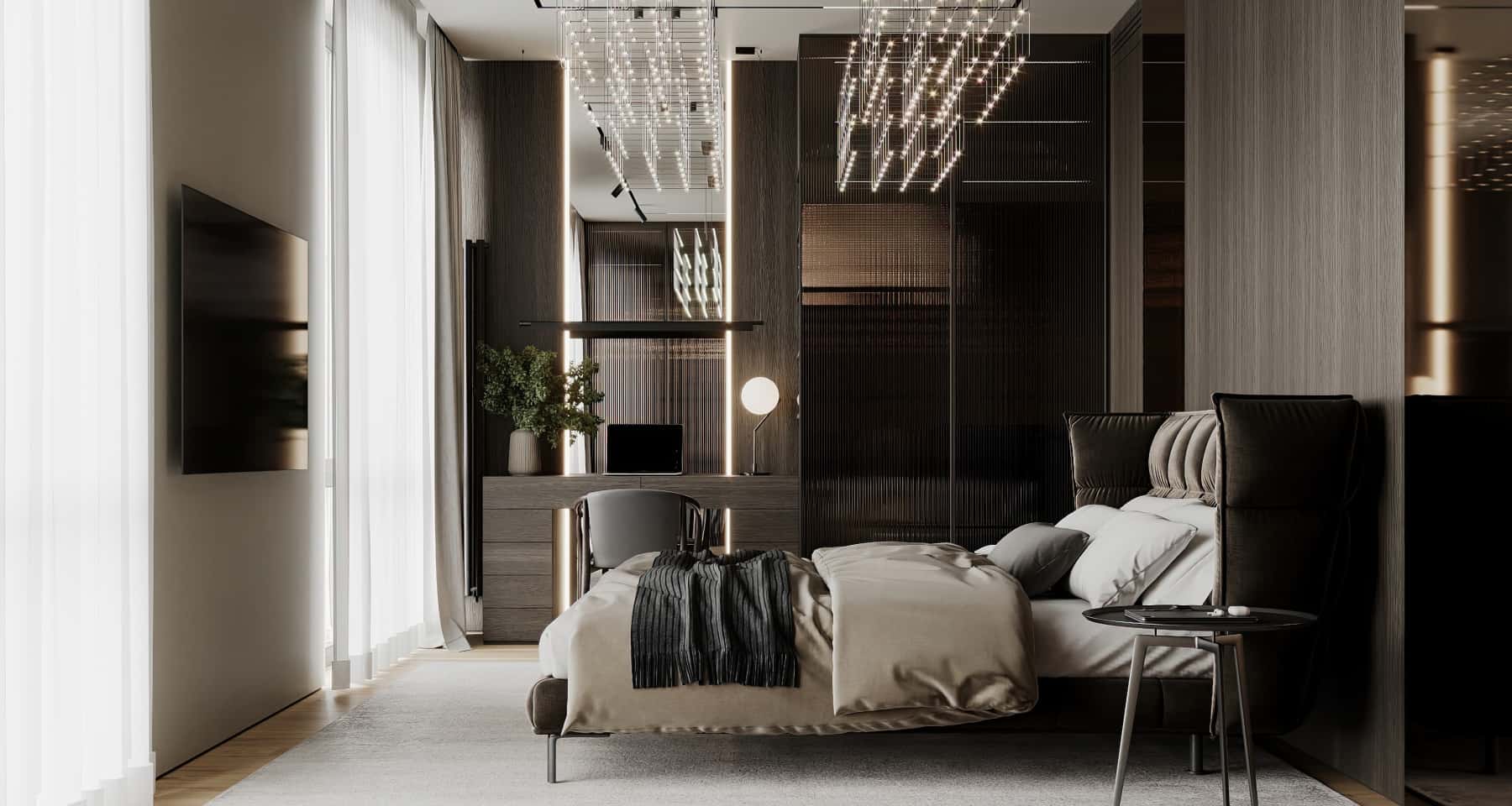 Salon z sofą Nowoczesny design trzypokojowego mieszkania 2026: salon z dużą sofą i telewizorem.