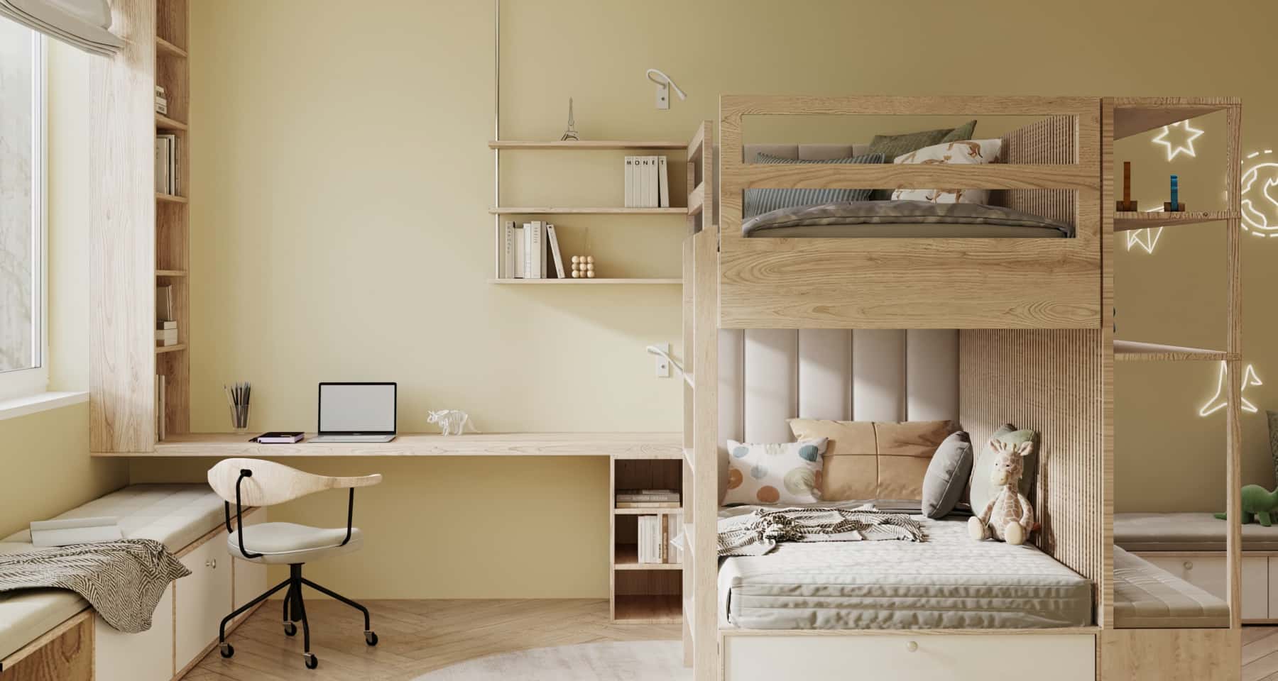 Pokój dziecięcy: inspiracje Pokój dziecięcy w trzypokojowym mieszkaniu 2026: jasny design i meble dla dwojga dzieci.