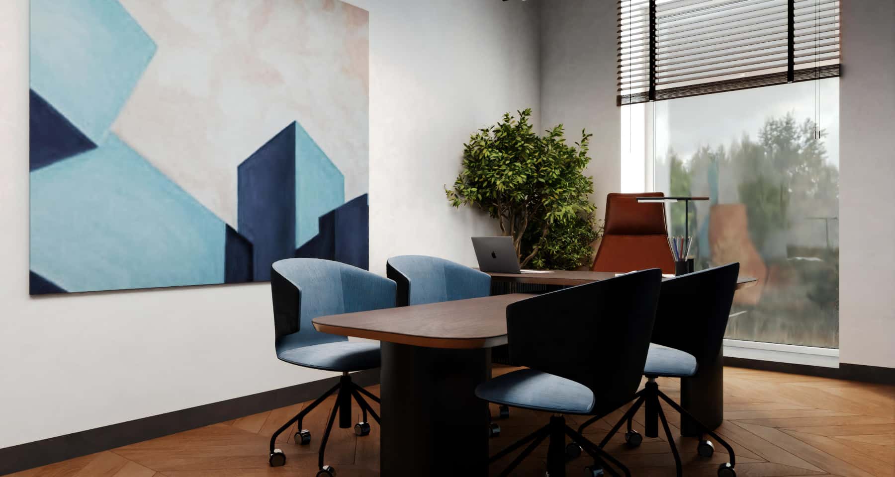 Design biura 2026: naturalne materiały w nowoczesnej aranżacji wnętrza.