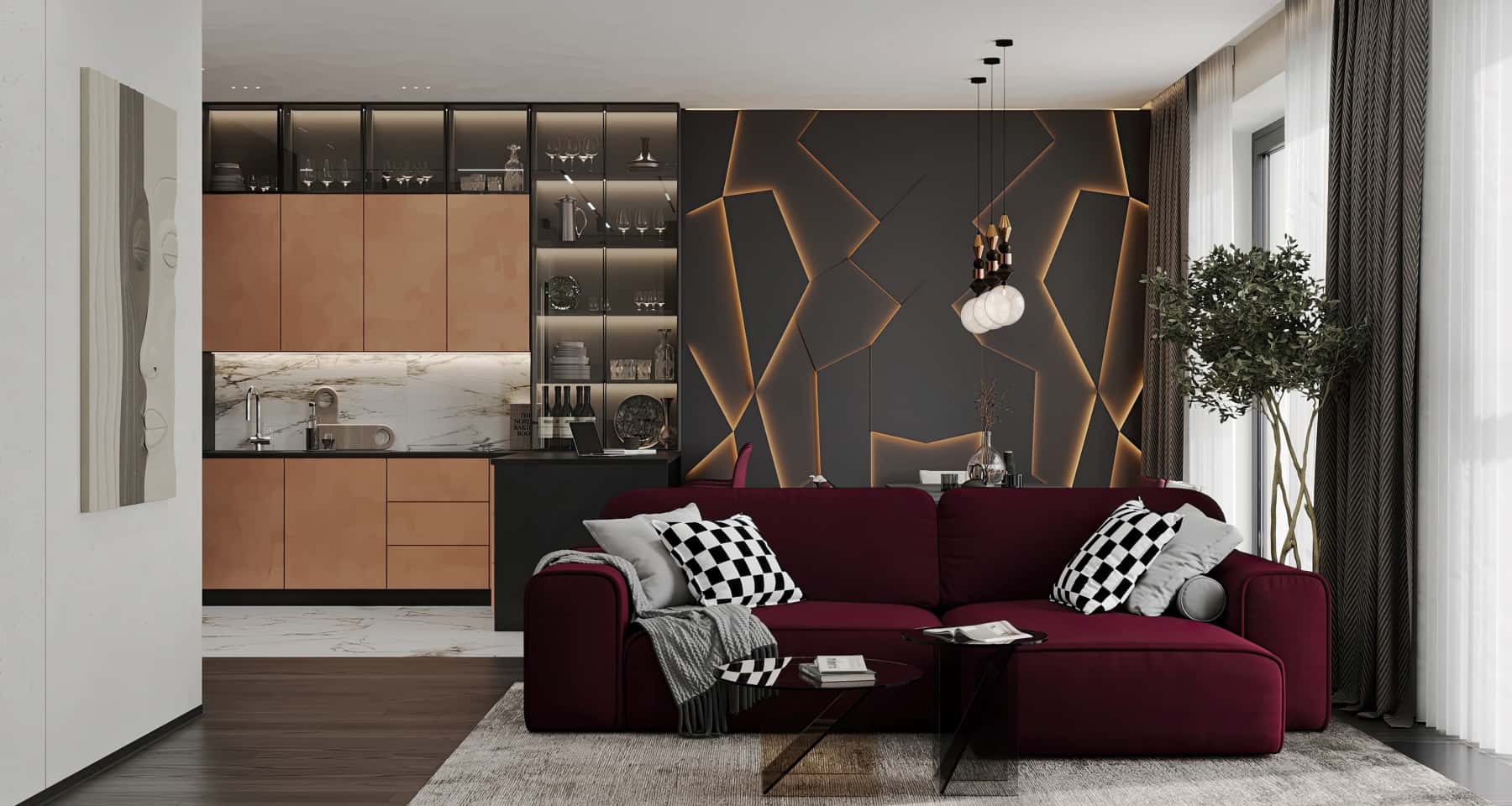 Aranżacja salonu 2026: Jasne wnętrze z eklektycznymi elementami w małym mieszkaniu.