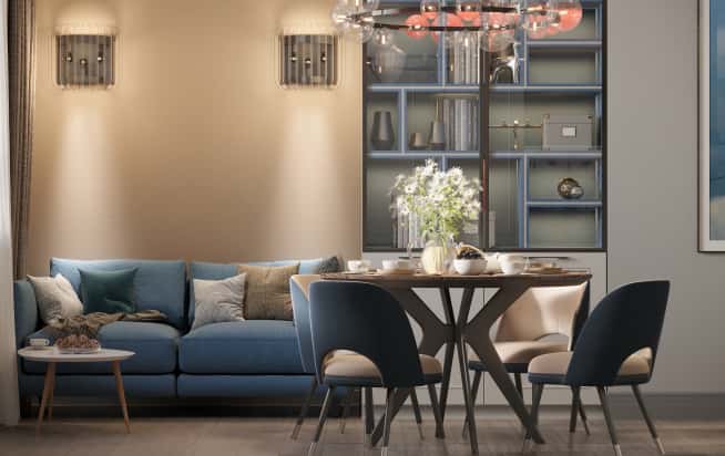 Turkusowa sofa welurowa w nowoczesnym wnętrzu małego mieszkania Loft 2026.