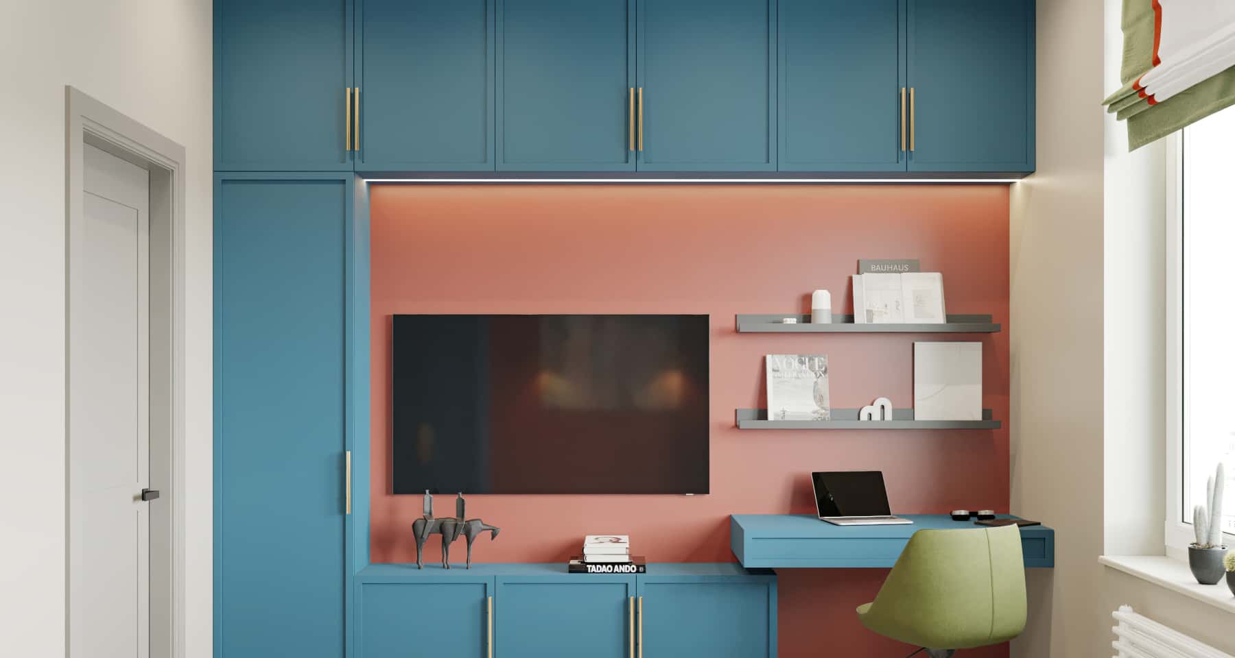 Nowoczesna sypialnia z niebieskimi i zielonymi elementami - trendy projektowania 2026