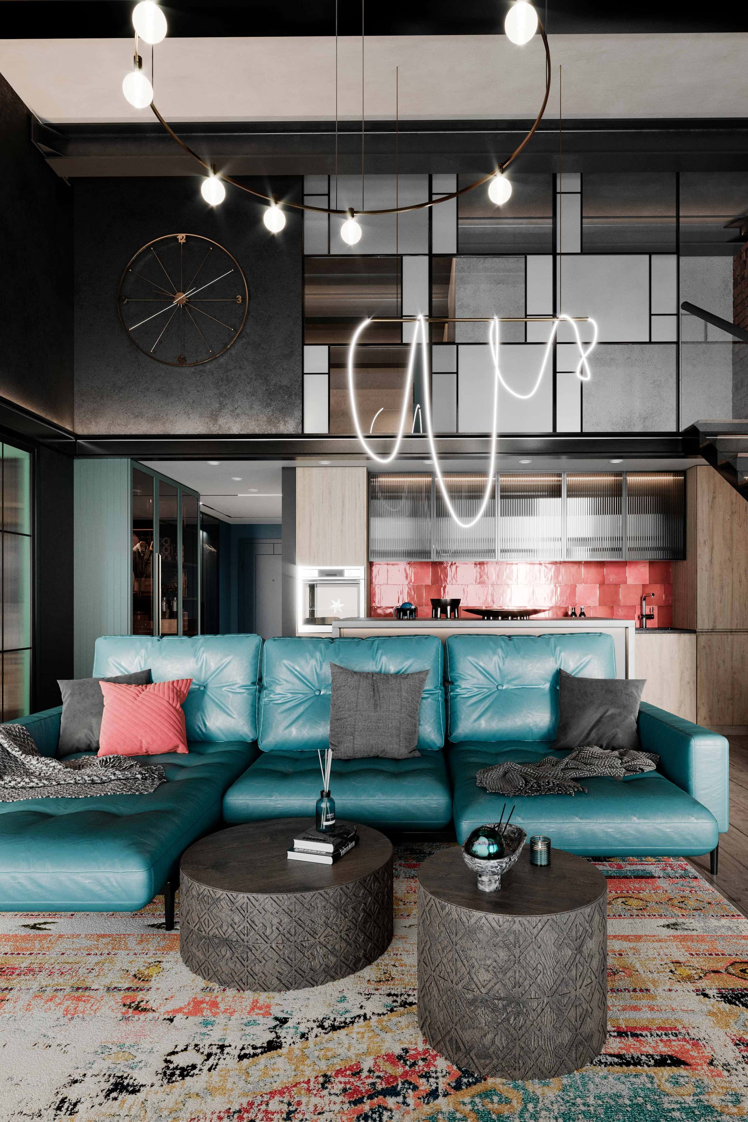 Kolorowe poduszki i dywan w salonie - inspiracje Loft 2026 dla Twojego mieszkania.