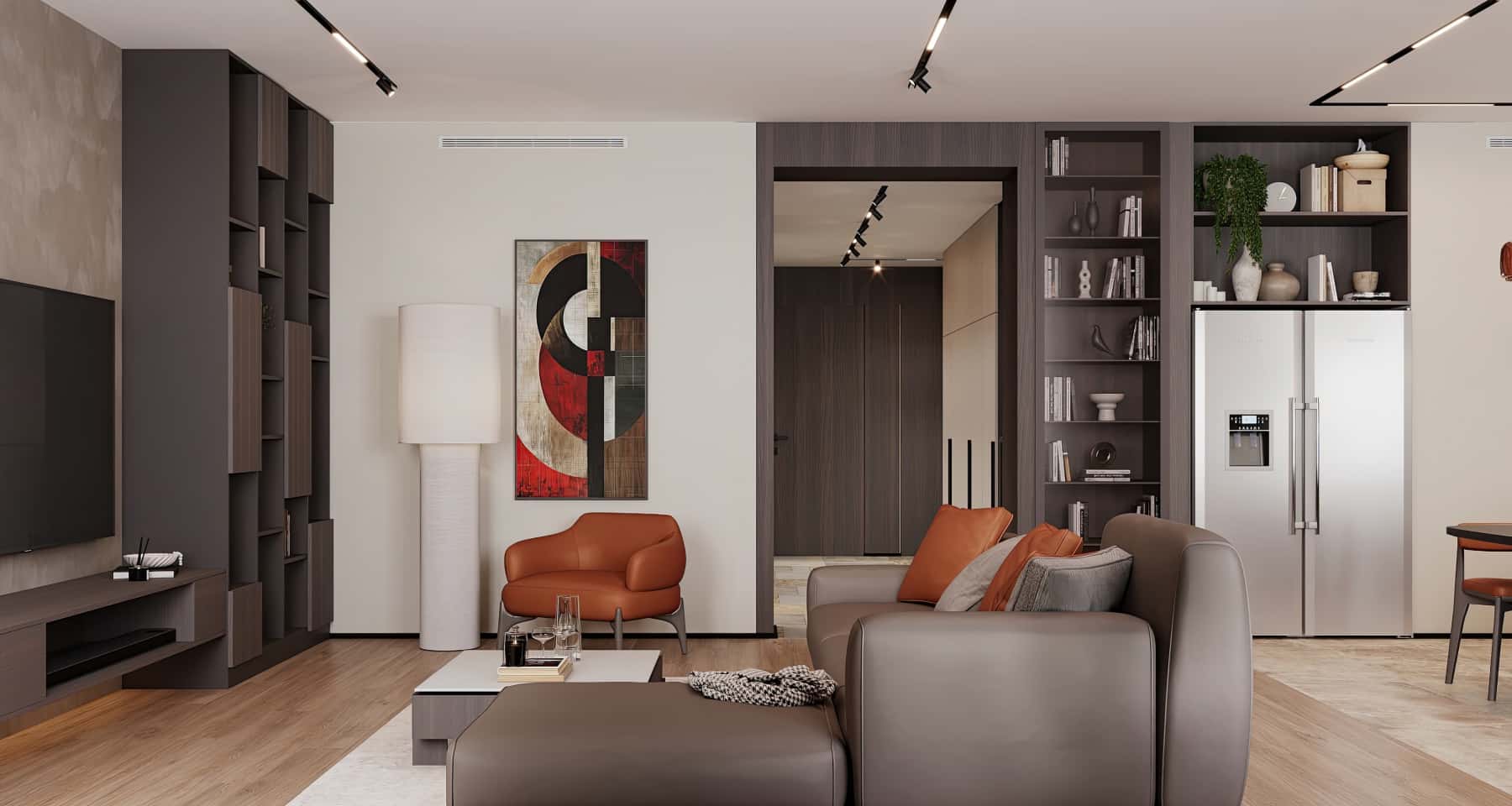 Salon w 2026: Jasne kolory i eklektyczne dodatki w projekcie małego mieszkania.