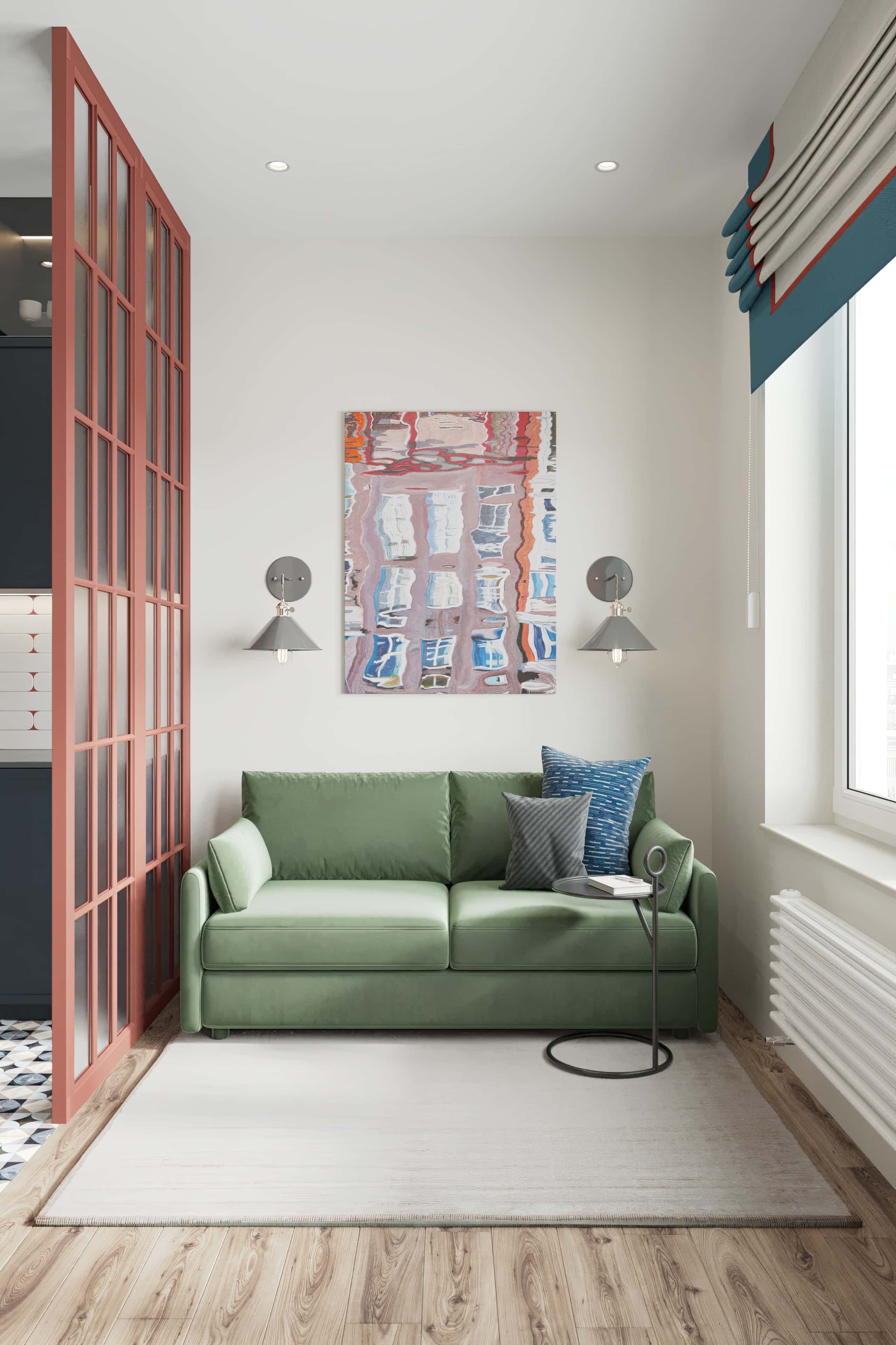 Salon 2026 w małym mieszkaniu: Jasne kolory i styl eklektyczny w projekcie.