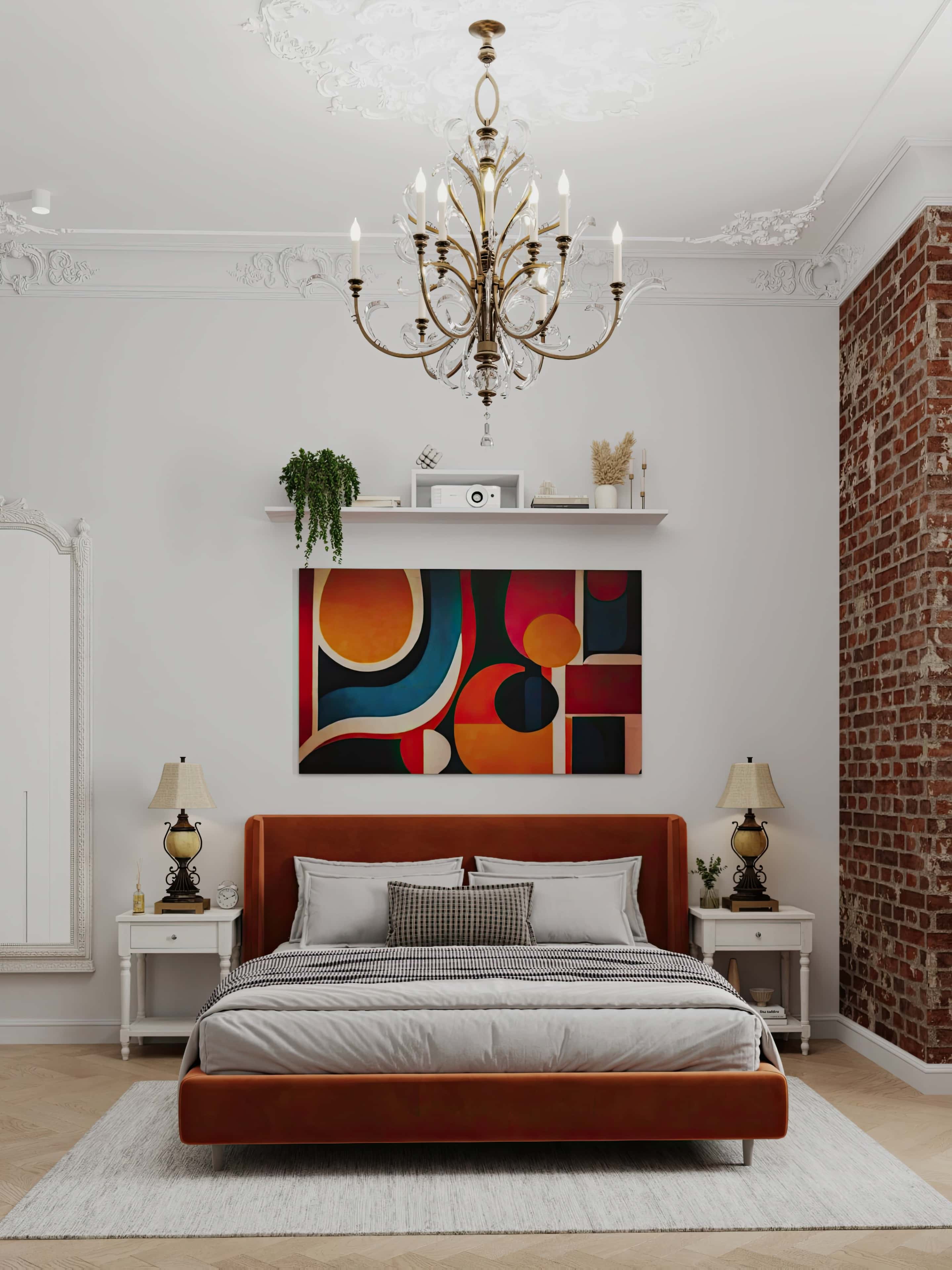 Korytarz w stylu eklektycznym Jasny korytarz 2026: eklektyczny styl z lustrem w złotej ramie i kolorowymi obrazami.