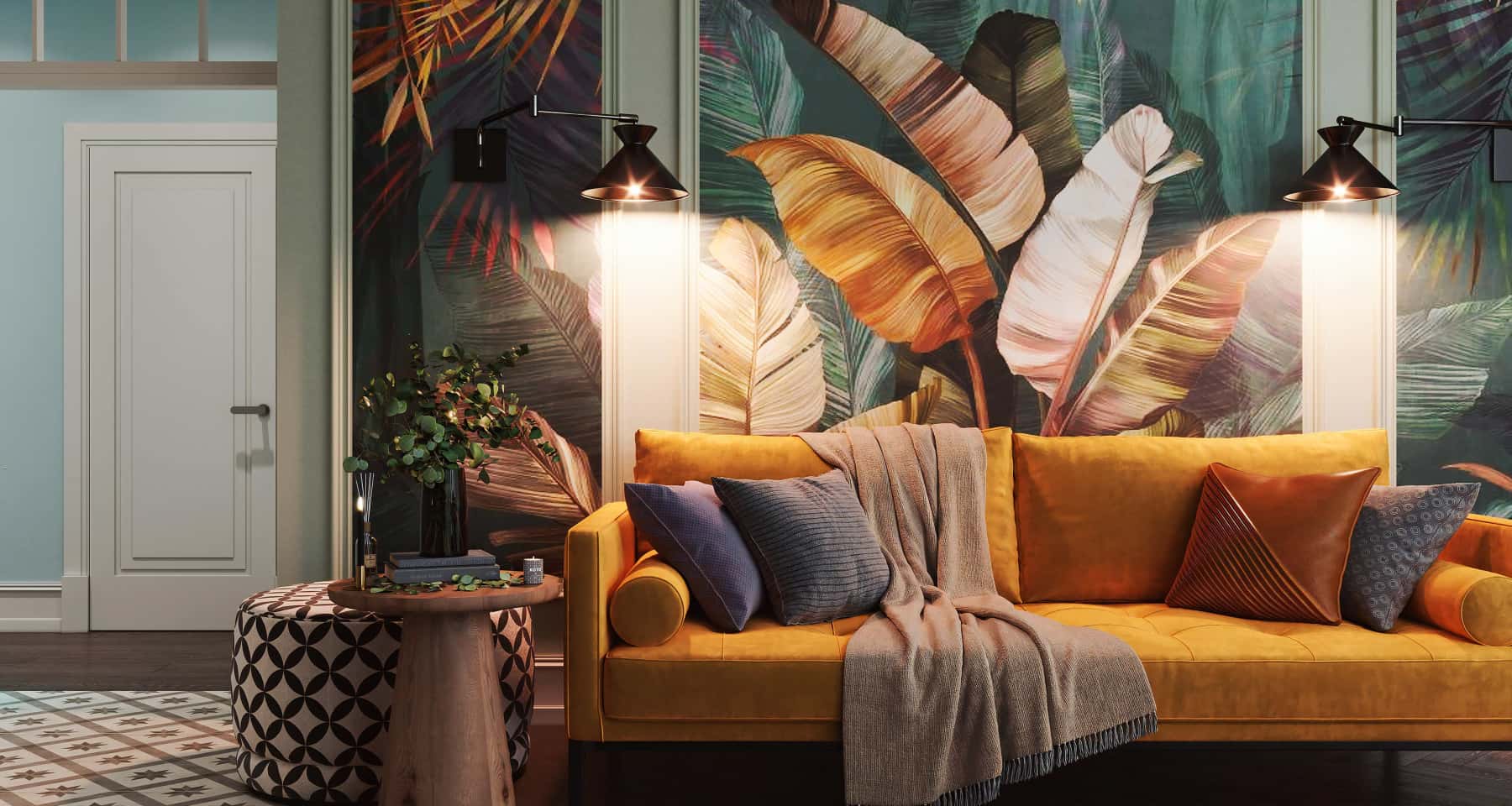 Eklektyczny salon 2026 Jasne kolory we wnętrzu 2026: eklektyczny salon z żółtą sofą i roślinami doniczkowymi.