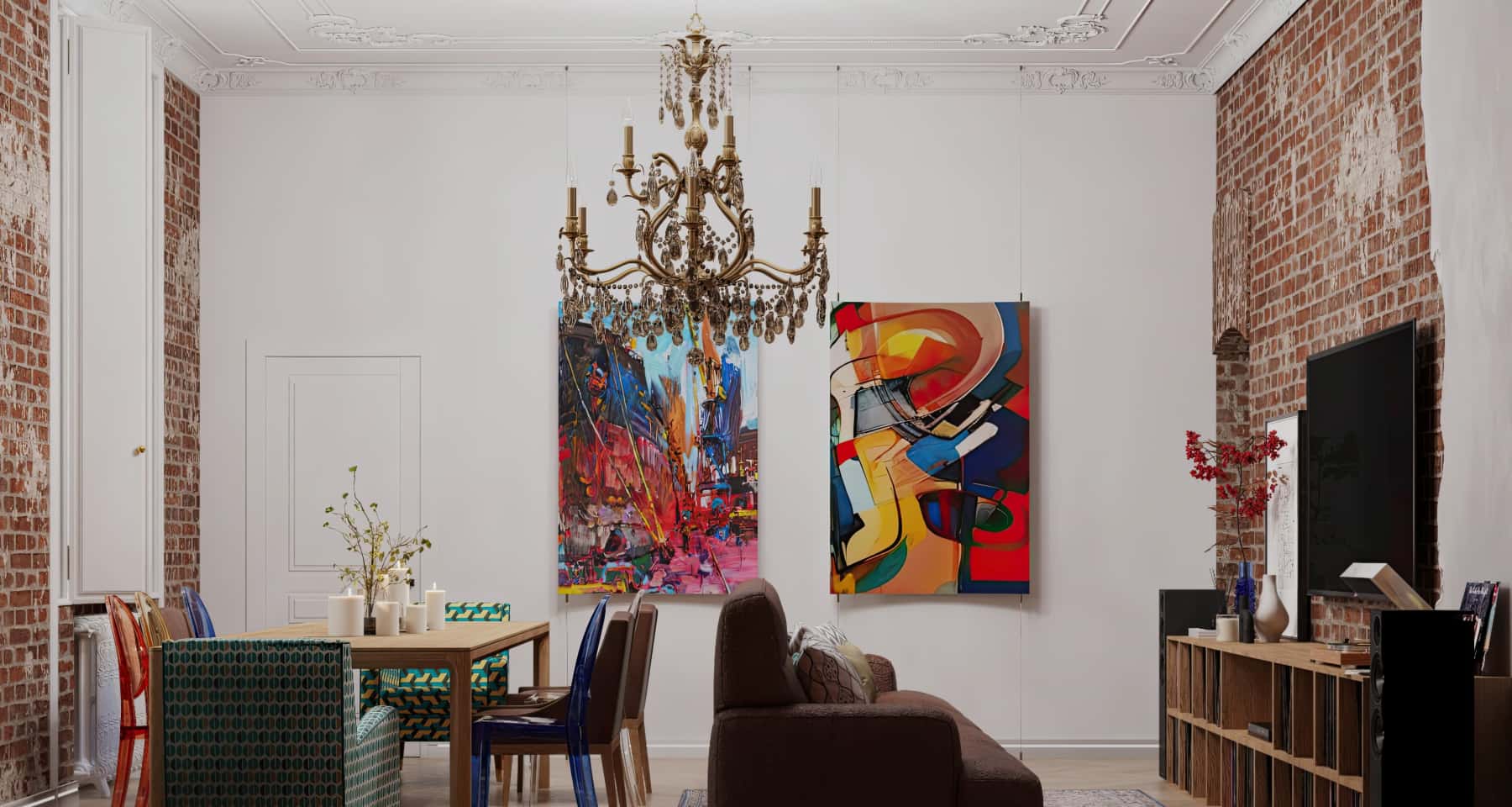 Żółte akcenty w kuchni Jasne kolory w kuchni 2026: białe szafki z żółtymi akcentami i drewnianym blatem.