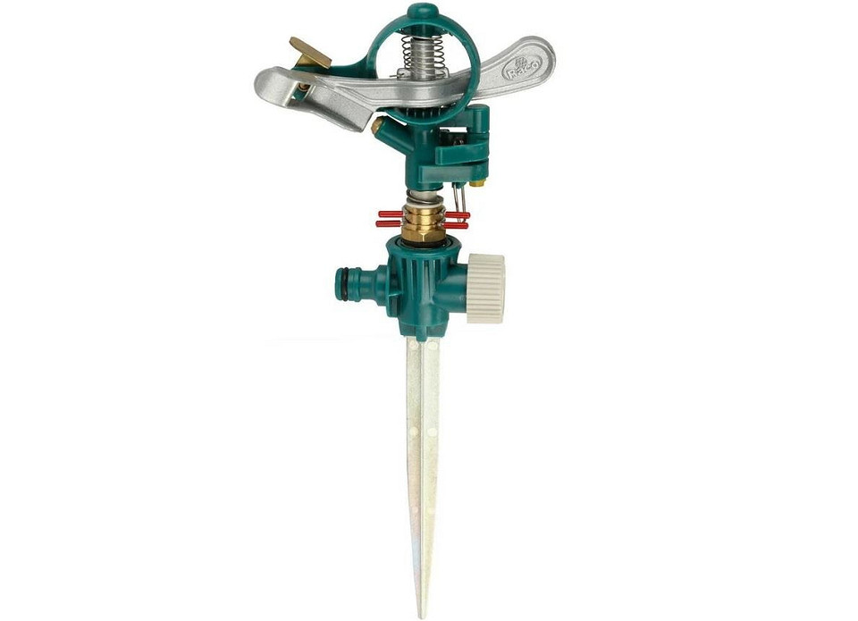 Zraszacz rotacyjny do efektywnego nawadniania średniej wielkości ogrodu z regulowanym zasięgiem.