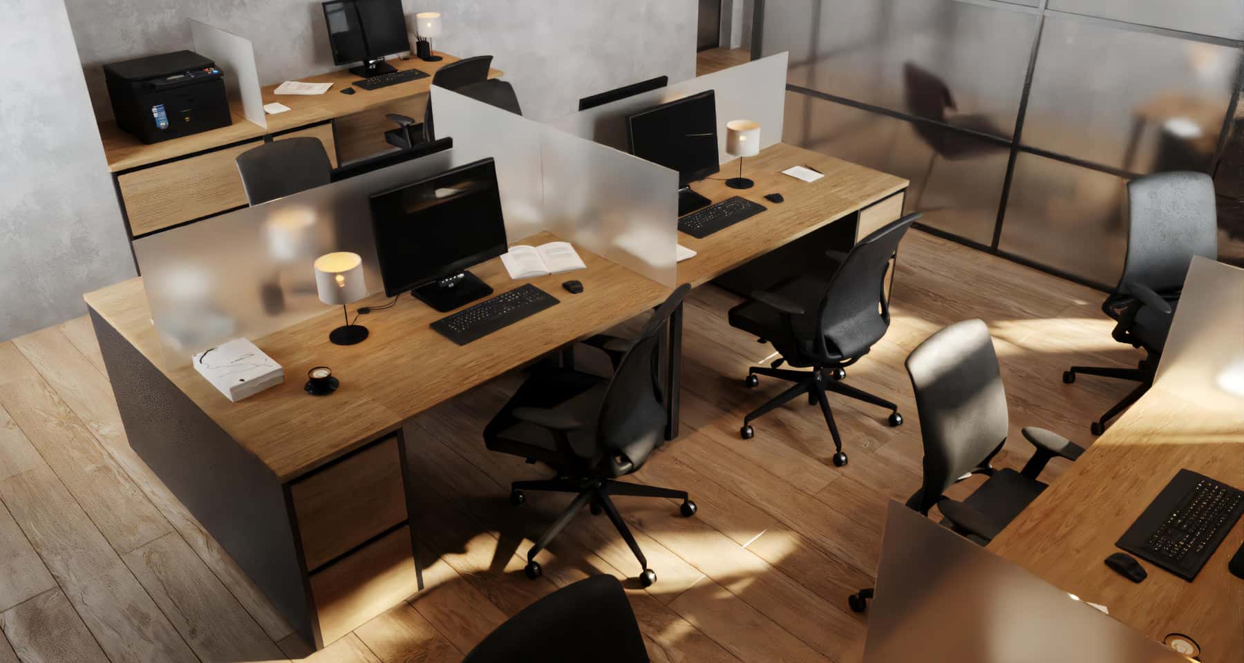 Nowoczesny design biura open space po remoncie w Kijowie, Loft 2026.