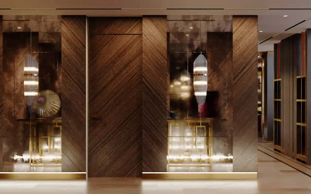 Stylowy korytarz z lustrem i unikalnym oświetleniem w kijowskim mieszkaniu.