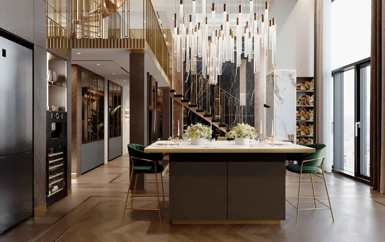 Jadalnia z dużym stołem i stylowymi krzesłami w Kijowie: aranżacja wnętrz.