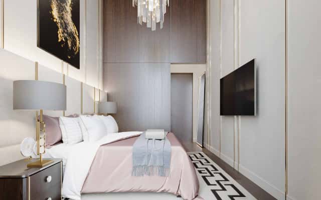 Stylowa kuchnia z salonem w stylu Art Deco, aranżacja wnętrz Kijów.