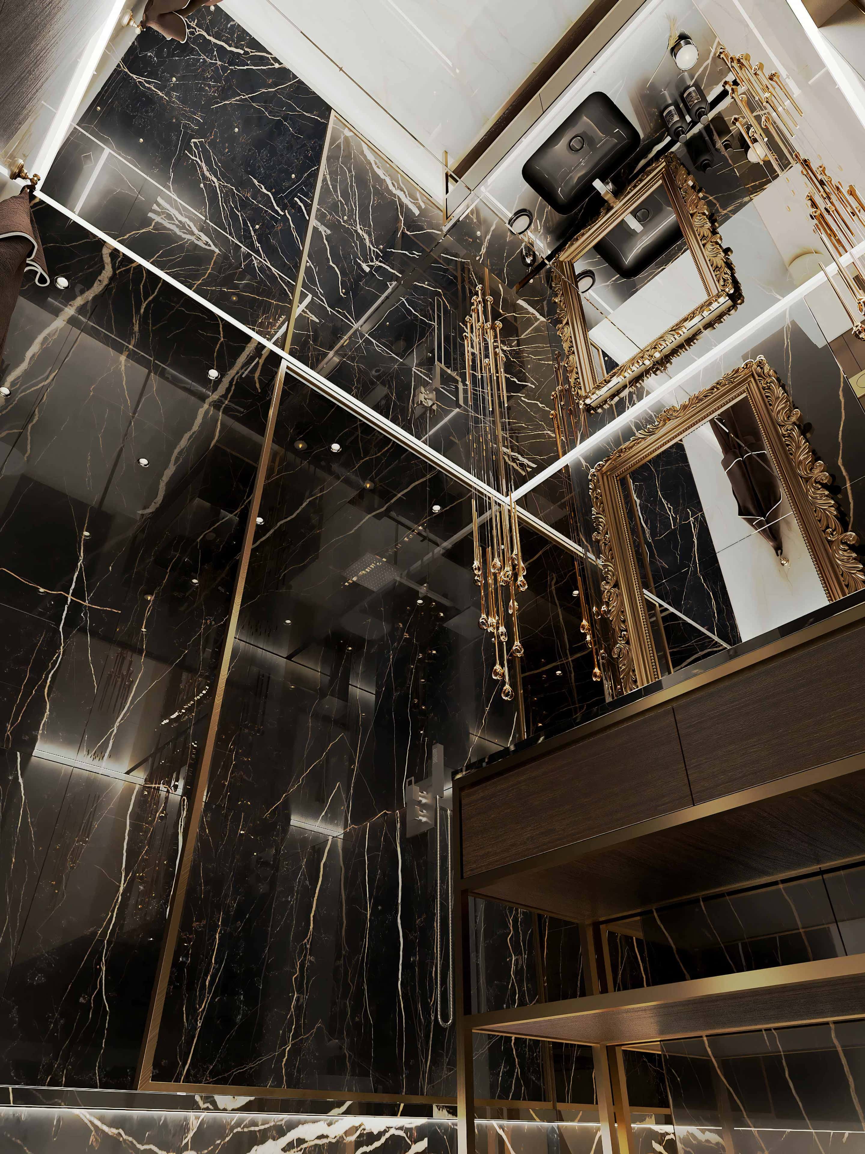 Aranżacja wnętrza mieszkania w Kijowie: Salon w stylu Art Deco z oświetleniem LED.