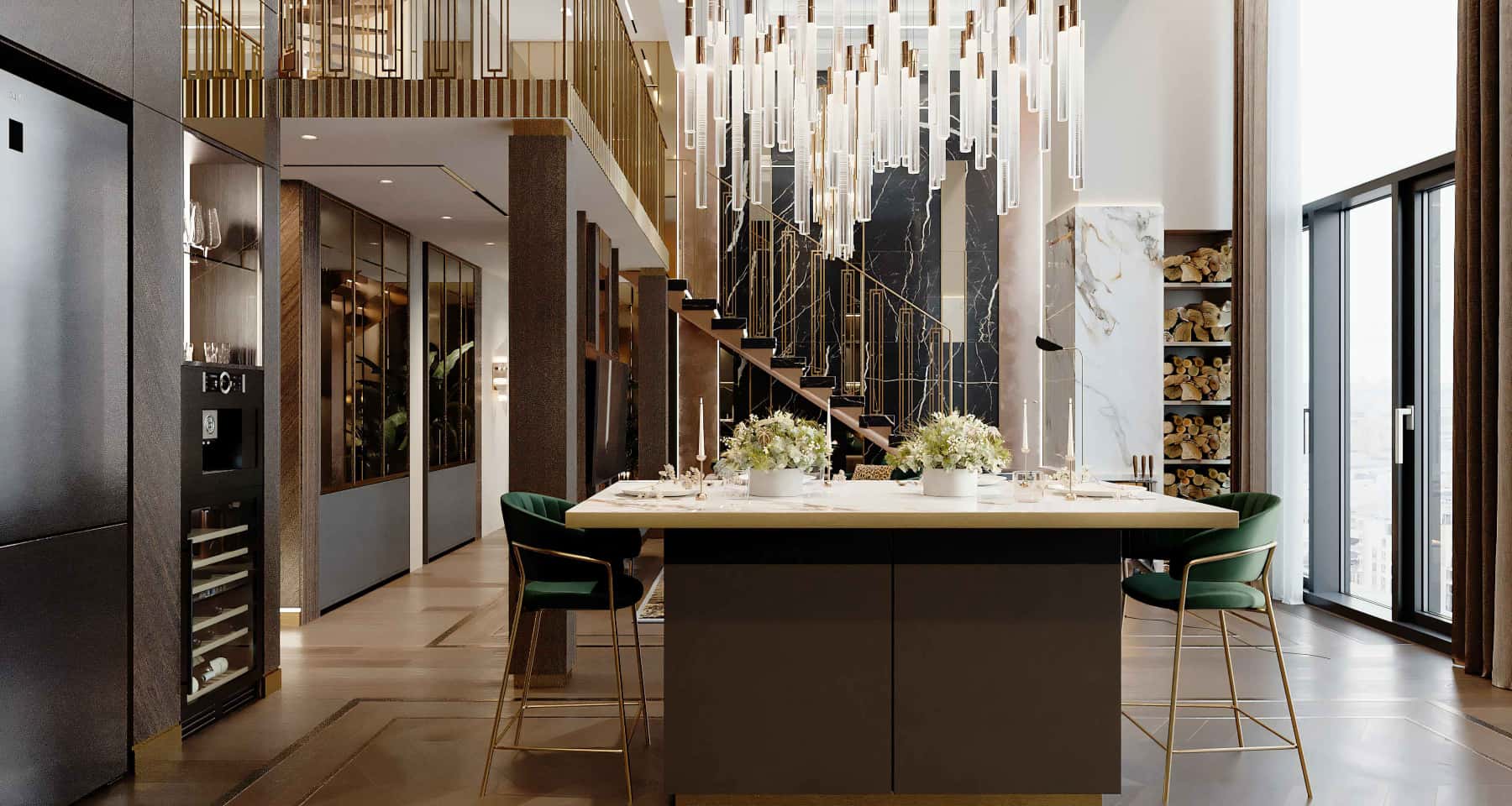 Luksusowy salon z kominkiem w stylu Art Deco, Kijów - inspiracje wnętrz.