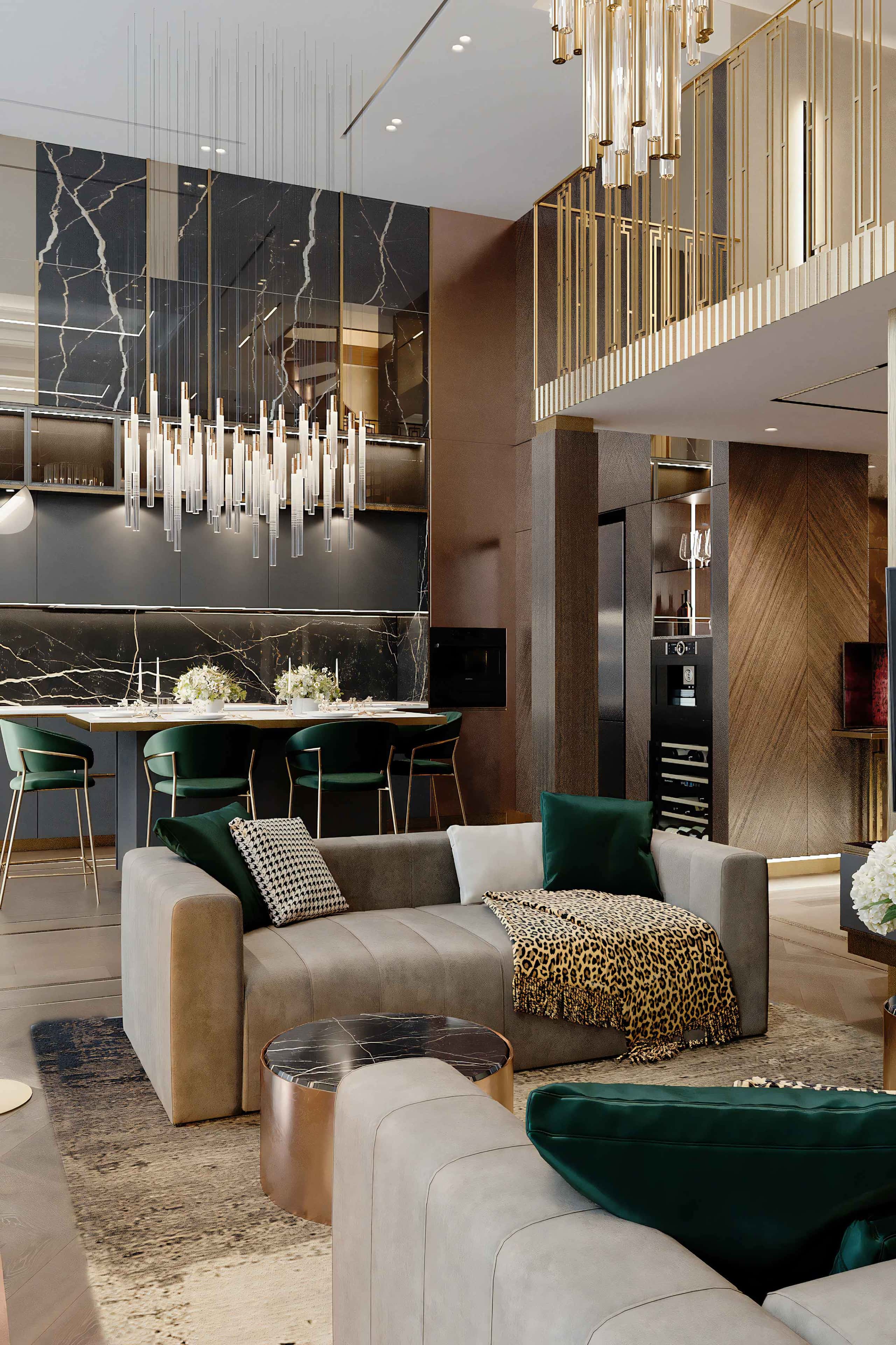 Salon z kominkiem i dużym telewizorem w nowoczesnym mieszkaniu w Kijowie.