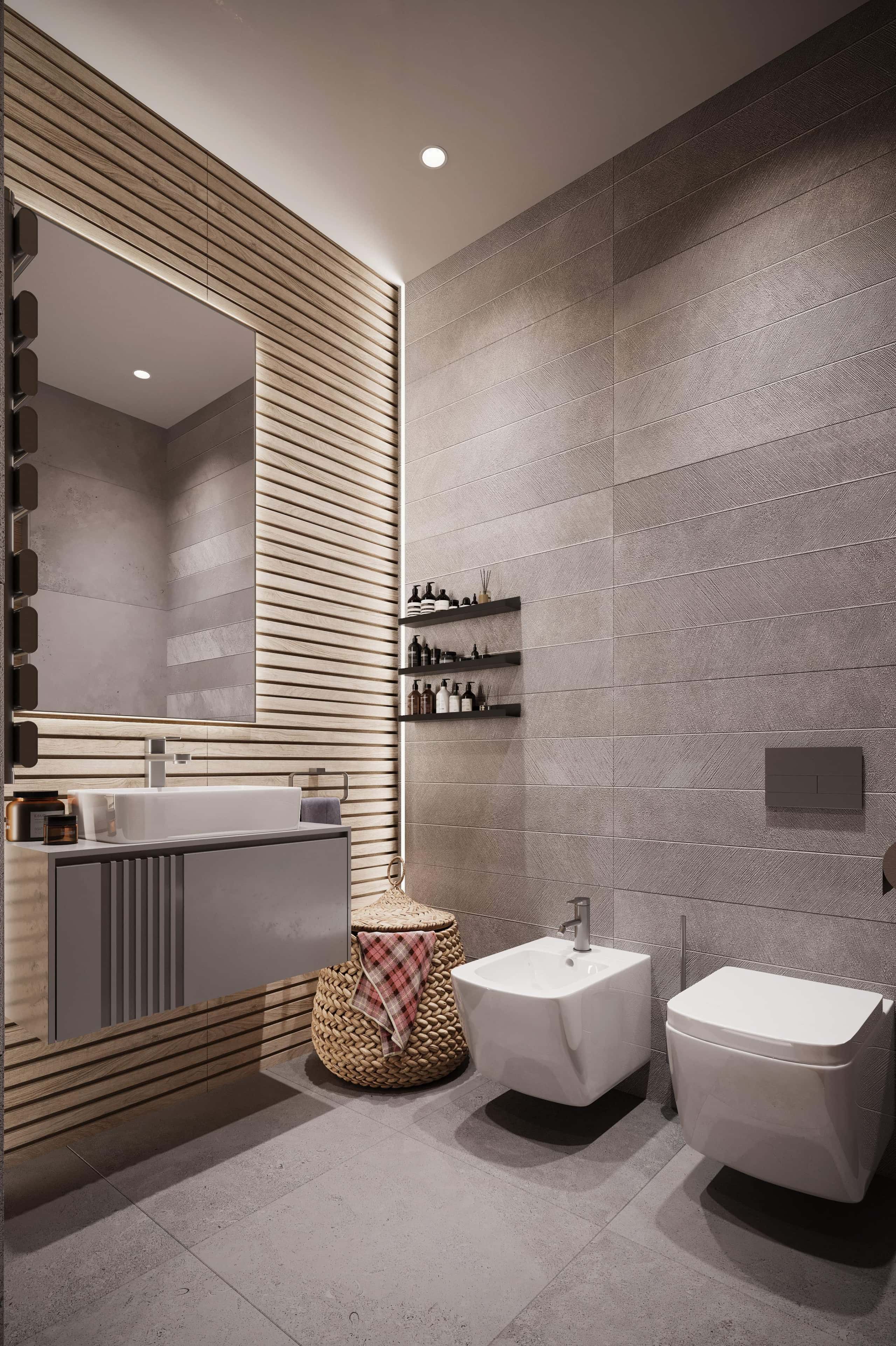 Surowe betonowe mieszkanie - inspiracja dla aranżacji wnętrz z drewnianymi panelami.