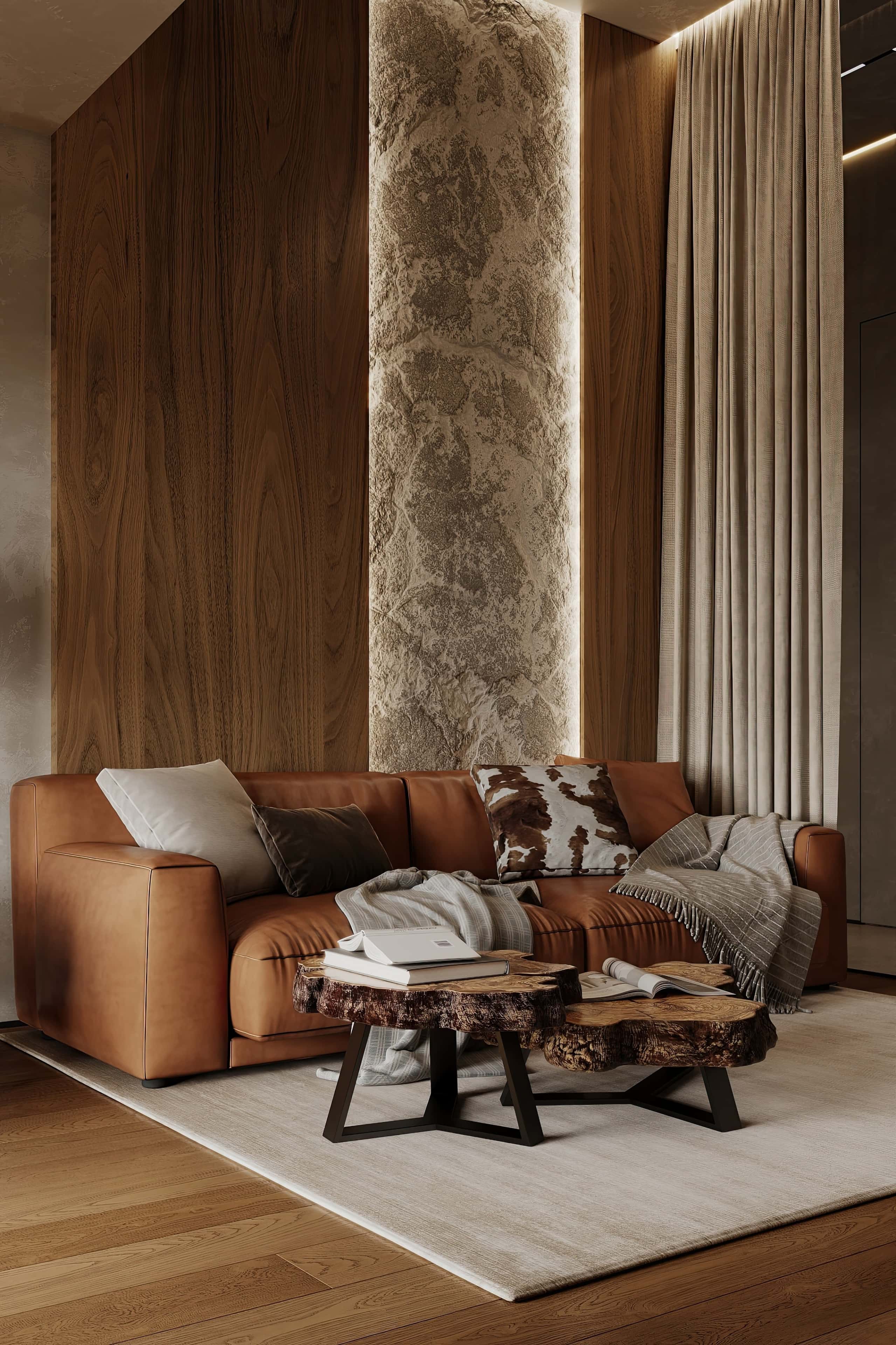 Salon 2026 Nowoczesne wnętrza domów 2026: przestronny salon z naturalnymi materiałami i welurem