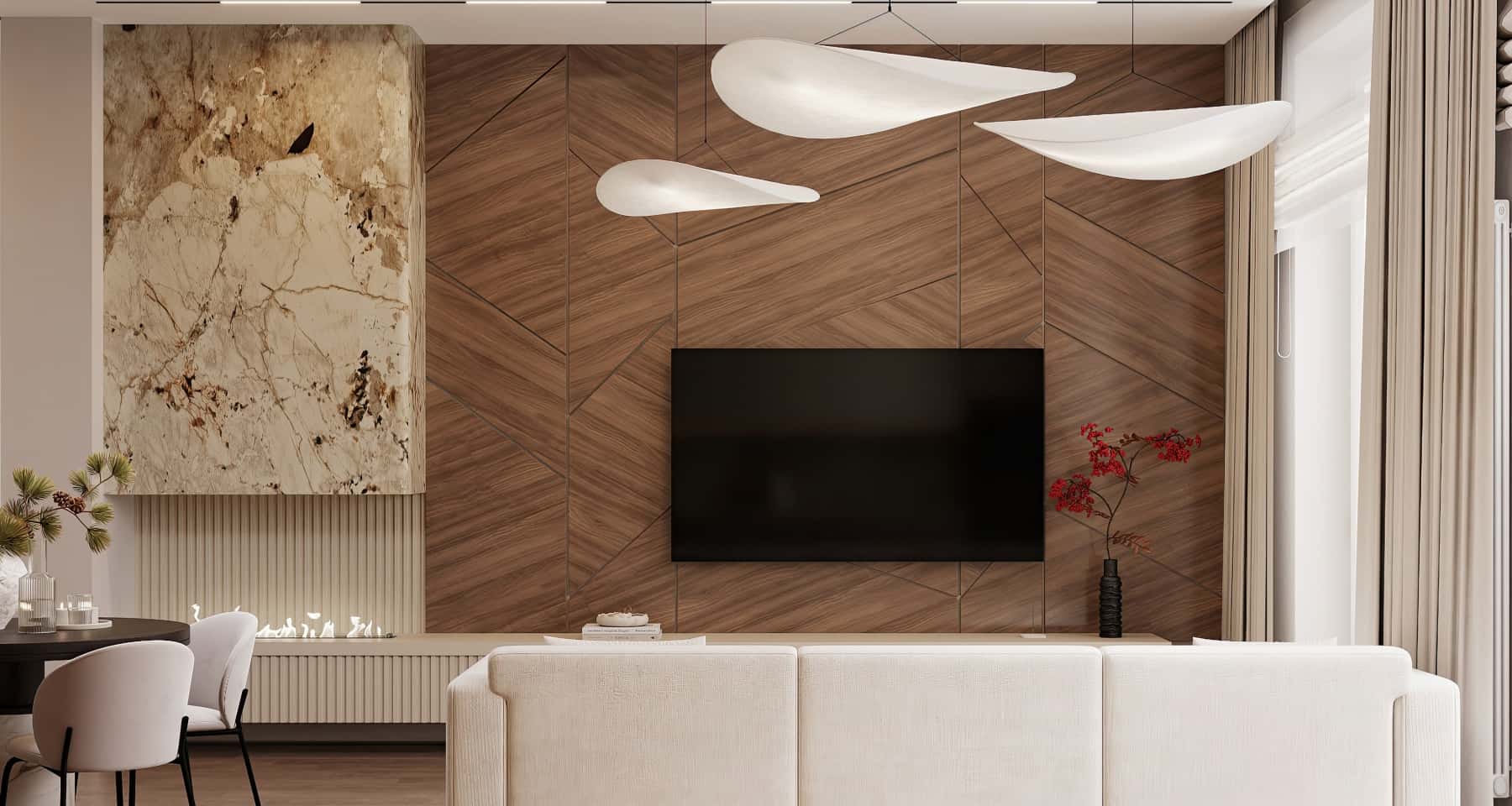 Połączenie Faktur Wielofakturowy design wnętrz 2026: połączenie drewna, kamienia i weluru w aranżacji