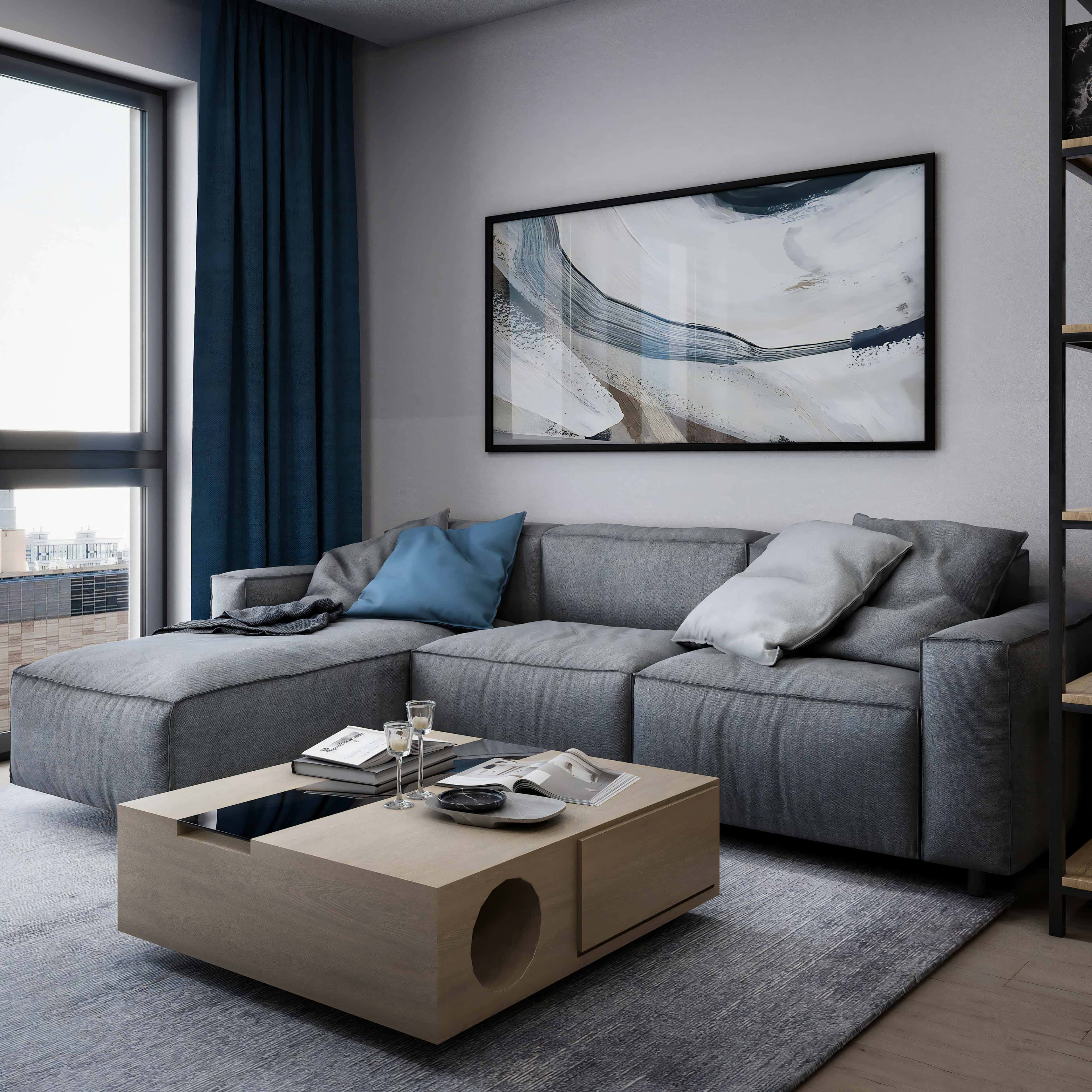 Nowoczesne projektowanie wnętrz 4-pokojowego mieszkania z elementami drewna.