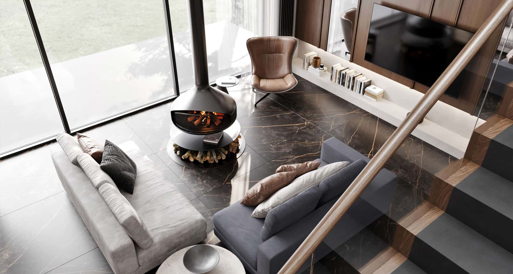 Kominek i Światło Projekt wnętrza dużego domu z marmurowym kominkiem i dużymi przeszkleniami, styl nowoczesny