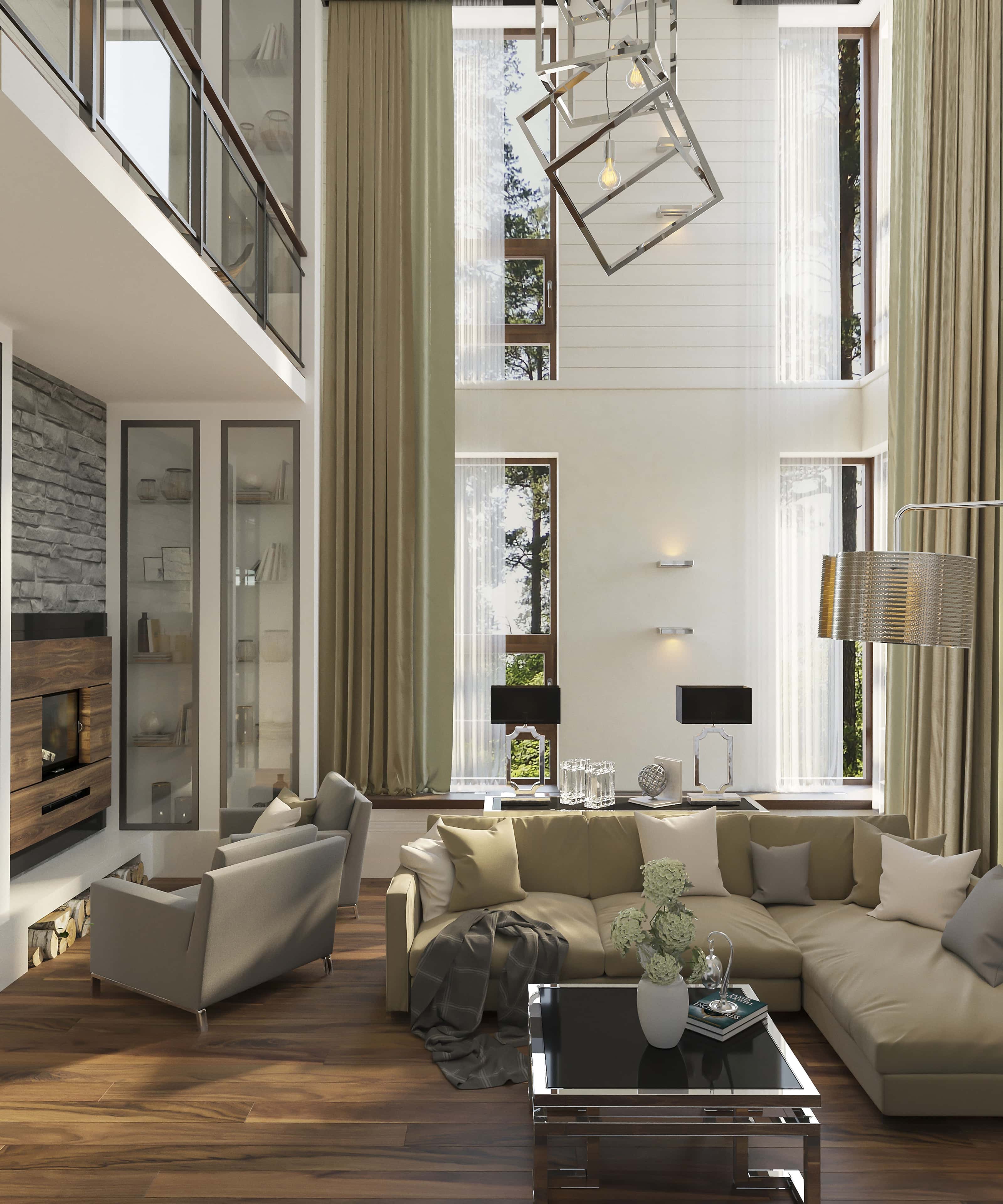 Nowoczesny design z kamieniem Nowoczesny design dużego domu z wykorzystaniem kamienia naturalnego i drewna w salonie.