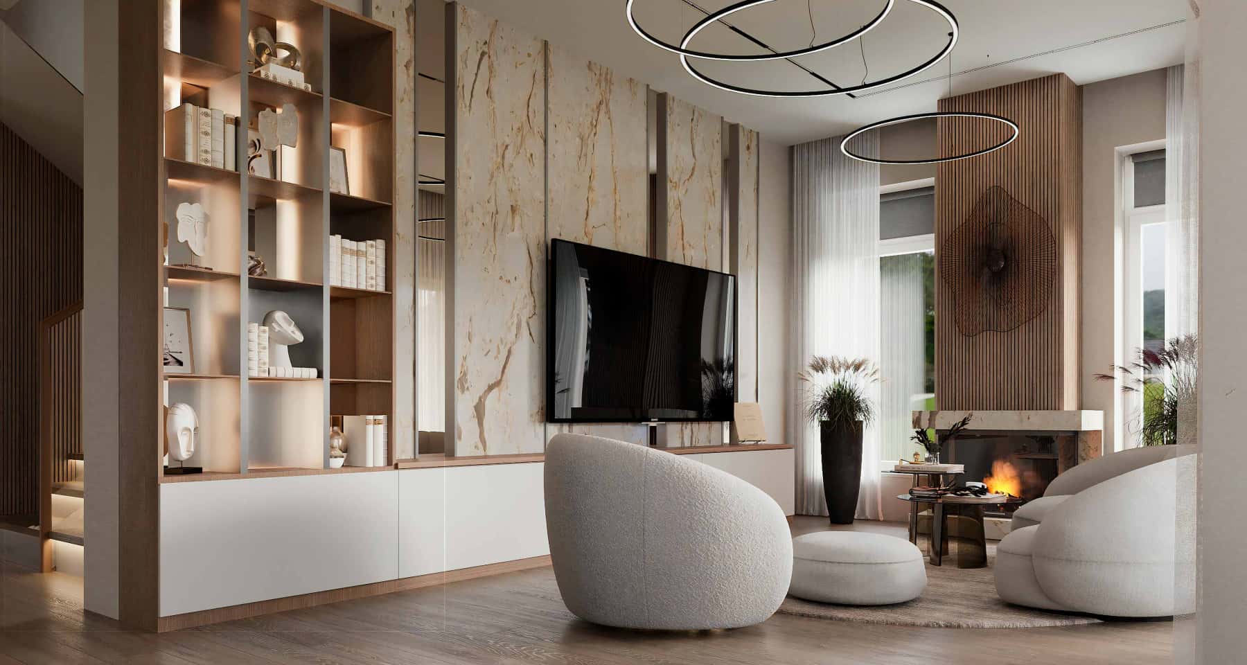 Elegancja w Detalach Elegancki design dużego domu z marmurową łazienką i przestronnym salonem w stylu nowoczesnym