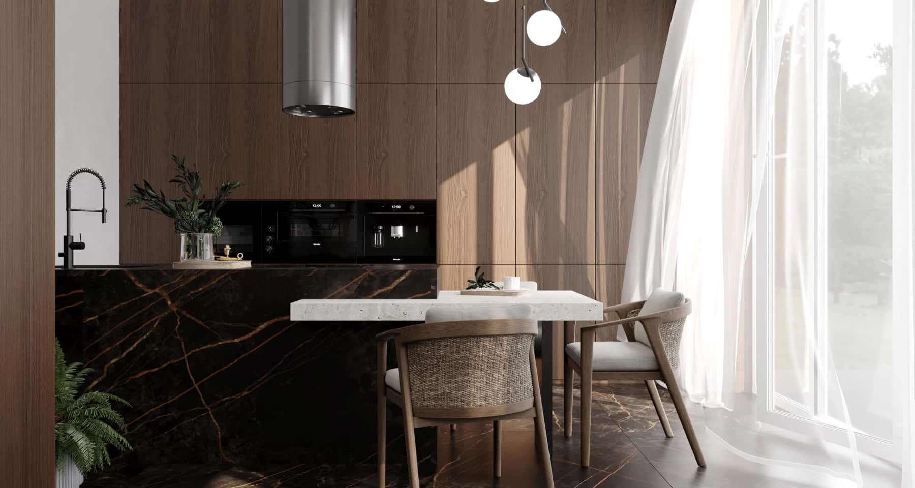 Nowoczesny dom 2026: minimalistyczna kuchnia z wyspą i naturalnymi materiałami.