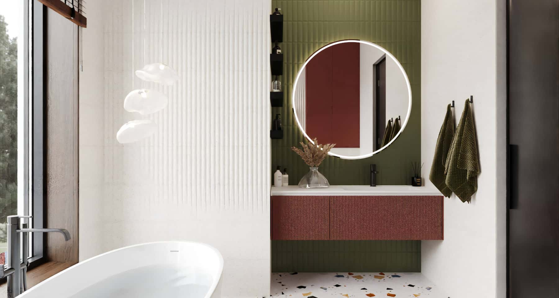 Nowoczesny dom 2026: łazienka z naturalnymi materiałami i minimalistycznym designem.