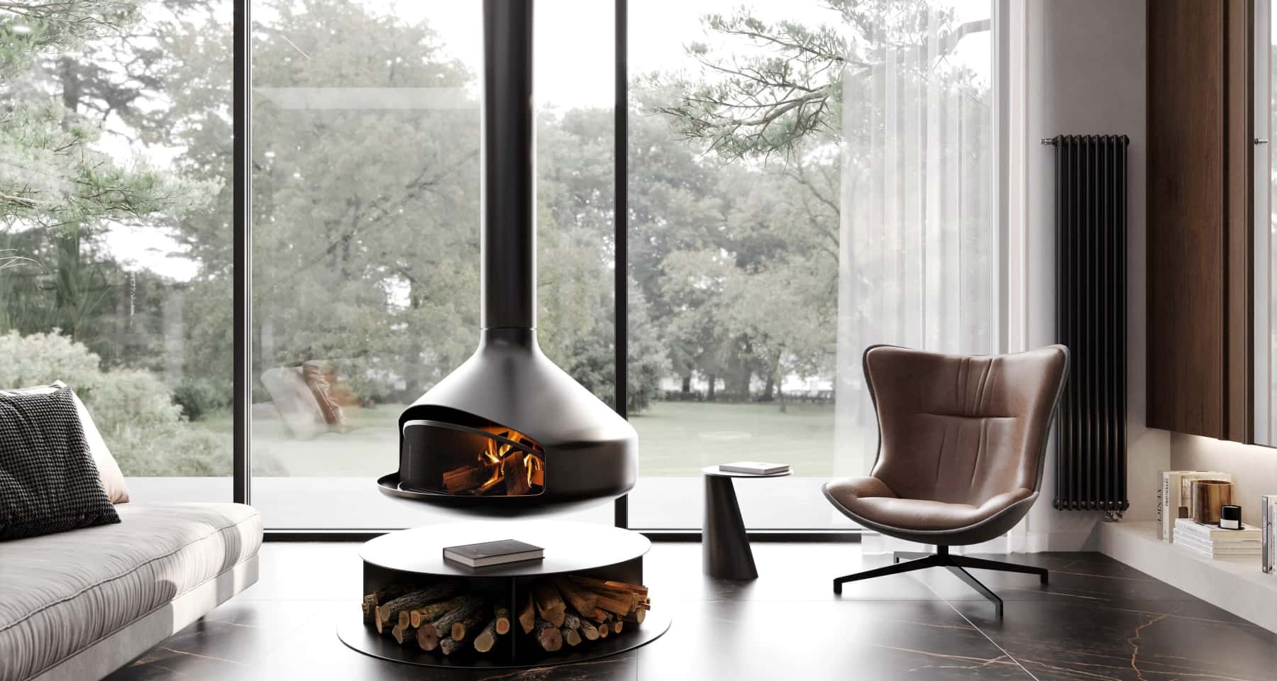 Nowoczesny dom 2026: sypialnia z dużym oknem i widokiem na ogród.