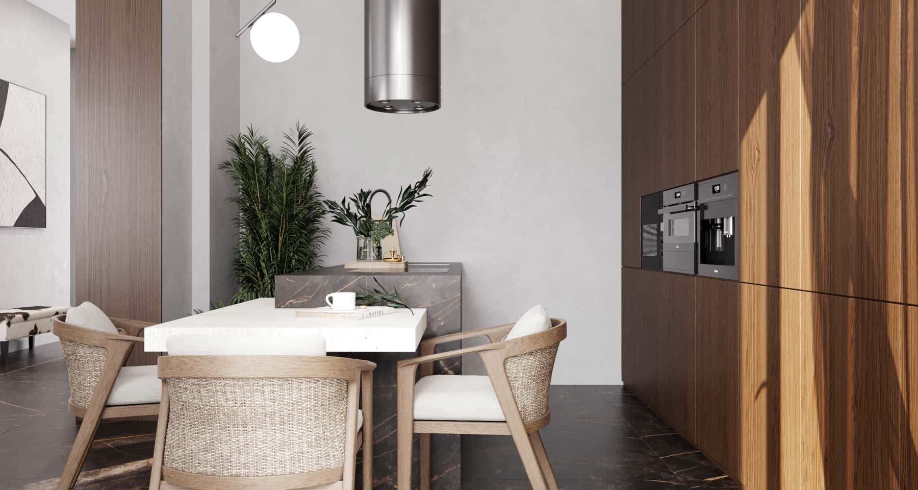 Projektowanie domu w stylu nowoczesnym 2026: przestronny salon z kominkiem.