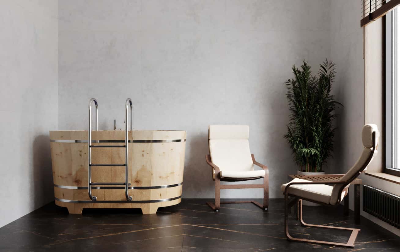 Дизайн интер'єру chata w stylu szwajcarskim w ciemnych tonach z kominkiem i drewnianymi elementami. Kamień naturalny, ciemne drewno.