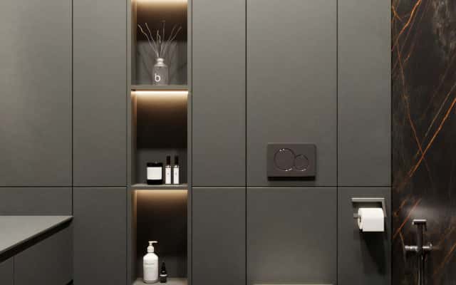 Inter'єр w ciemnych tonach z dużymi oknami i widokiem na naturę. Projektowanie domu w ciemnych kolorach.